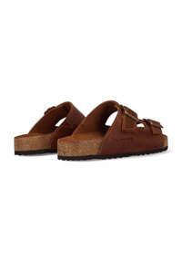 Braune Leder-Sandalen mit verstellbaren Riemen, Korksohle und strukturiertem schwarzen Gummiaußensohle. Markenname "Salamander" auf der Seite geprägt.