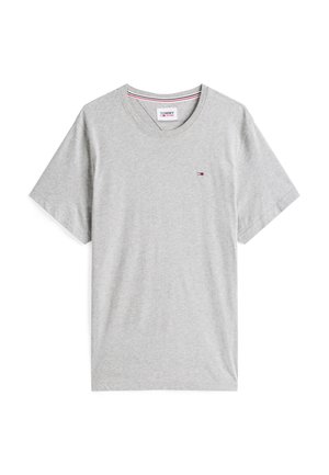 T-shirt cinzenta de algodão com mangas curtas e decote em V. Apresenta um pequeno logótipo no peito esquerdo e detalhes em vermelho, branco e azul na gola.