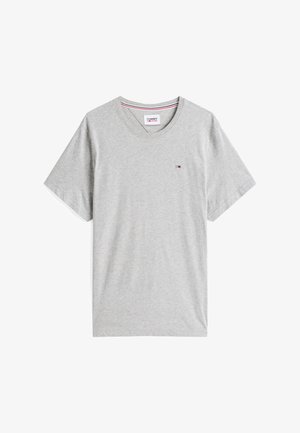 Gray cotton t-shirt with short sleeves and a v-neckline. Features a small logo on the left chest and red, white, and blue accents on the collar.