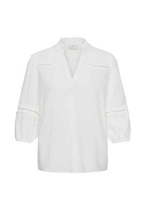 Valge pluus röövik-kaelusega, kolmeveerandvarrukatega ja dekoratiivsete pitsisisetükkidega rinnal ja varrukatel.