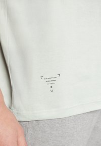 Camiseta de algodón verde claro con un logo negro y texto cerca de la parte inferior, con un acabado sin costuras en el dobladillo y un ajuste relajado.