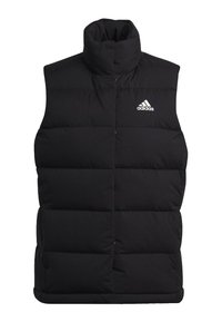 Zwarte puffer vest met een hoge kraag, gequilt ontwerp en wit Adidas-logo op de linkerborst. Gemaakt van lichtgewicht, geïsoleerde stof.