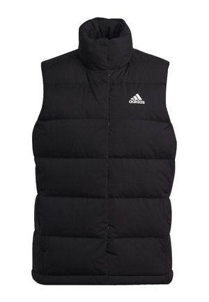 Svart puffervest med høy krage, quiltet design og hvit Adidas-logo på venstre bryst. Laget av lett, isolert stoff.