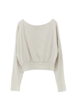 Beige crop top met lange mouwen, brede boothals en elastische tailleband met plooien, effen en eenvoudig stof.