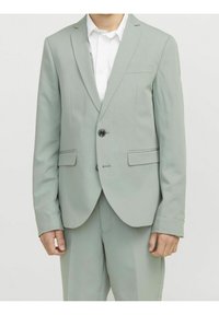 Jasnozielony garnitur z jednorzędową marynarką, z klapami i dwiema przednimi kieszeniami. Połączony z białą koszulą z guzikami.