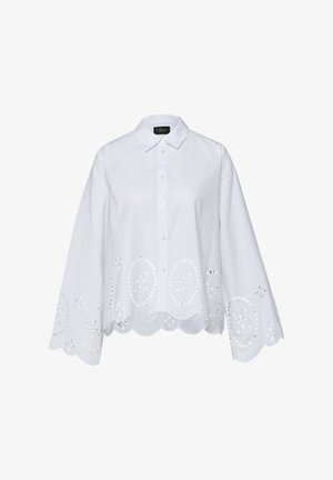 White button-up shirt with scalloped hem and sleeves featuring circular eyelet floral cutout patterns.