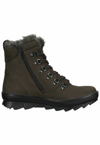 Braune Leder-Ankle-Boots mit Kunstfellrand, Metallösen, einem seitlichen Reißverschluss und einer strukturierten schwarzen Gummisohle.