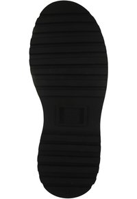 Schwarze Gummi-Schuhsohle mit horizontalen Rillen für besseren Halt. Enthält das Herstellerlogo und Größenmarkierungen auf einem rechteckigen Schild.