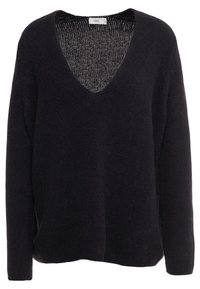 Black, knitted sweater with a deep V-neck, long sleeves, and a loose fit. Made of soft, textured material. Subtle earthy tone.