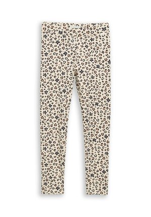 Beige legging met een all-over zwarte en bruine luipaardprint gemengd met kleine zwarte bloemmotieven.