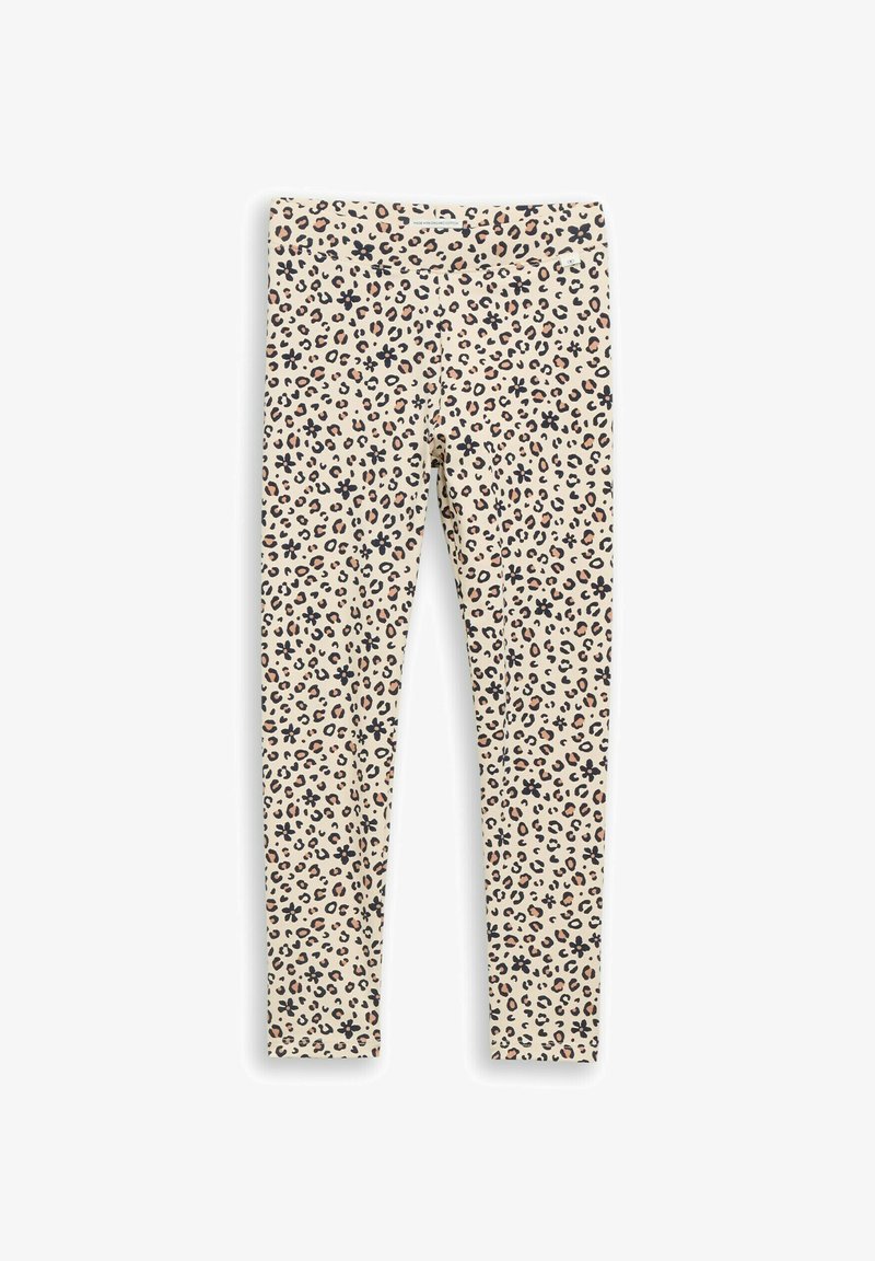 Leggings beige con un estampado integral de leopardo negro y marrón mezclado con pequeños patrones florales negros.