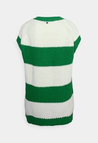 Zielono-biała w paski, oversize'owa sweter wełniany z okrągłym dekoltem i krótkimi rękawami. Teksturowana tkanina z widocznymi szwami.