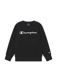 Mustat crewneck-hupparit, jossa valkoinen "Champion"-logo rinnassa ja pieni logo vasemmassa hihaisessa, koko pieni.