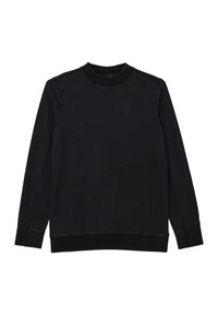 Zwarte lange mouw crewneck sweatshirt met ribgebreide boorden en zoom, plat weergegeven op een witte achtergrond.