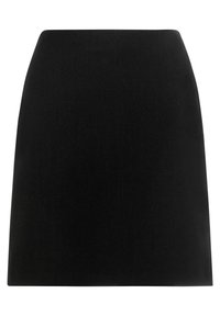Black mini skirt made from smooth, woven fabric. Features a fitted silhouette and clean, straight hemline, with no visible patterns or embellishments.