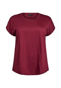 Burgundska majica s kratkimi rokavi, izdelana iz mehkega blaga. Ima okroglo ovratnico in sproščen kroj, z zavitimi manšeti in gladko teksturo.