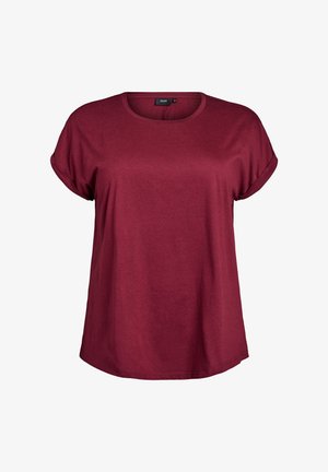 Burgundia lühikeste varrukatega T-särk, mis on valmistatud pehmest kangast. Omab ümarat kaelust ja mugavat lõike, volangvarrukatega ning sileda tekstuuriga.