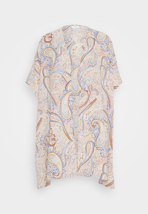 Kimono s krátkym rukávom s paisley vzorom v béžovej, modrej a hrdzavej farbe. Ľahká tkanina, otvorený predok a uvoľnený strih.