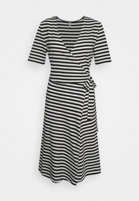 Vestido envolvente listrado em preto e branco com mangas curtas, decote em V e detalhe de laço lateral. Feito de um tecido macio com um corte descontraído.
