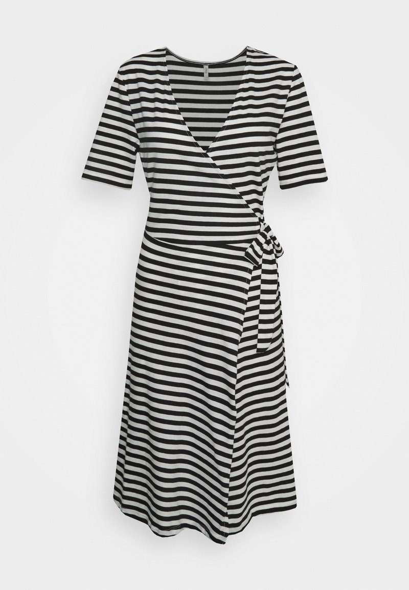 Vestido envolvente listrado em preto e branco com mangas curtas, decote em V e detalhe de laço lateral. Feito de um tecido macio com um corte descontraído.