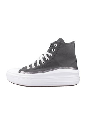 Zapatillas altas de lienzo gris carbón con cordones blancos y suela de goma. Presentan un acento plateado en la media suela y un diseño clásico de cap toe.