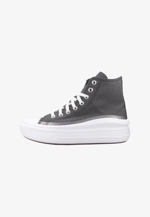 Hohe Sneaker aus anthrazitgrauem Canvas mit weißen Schnürsenkeln und Gummisohle. Mit silbernem Akzent an der Zwischensohle und klassischem Zehenkappen-Design.