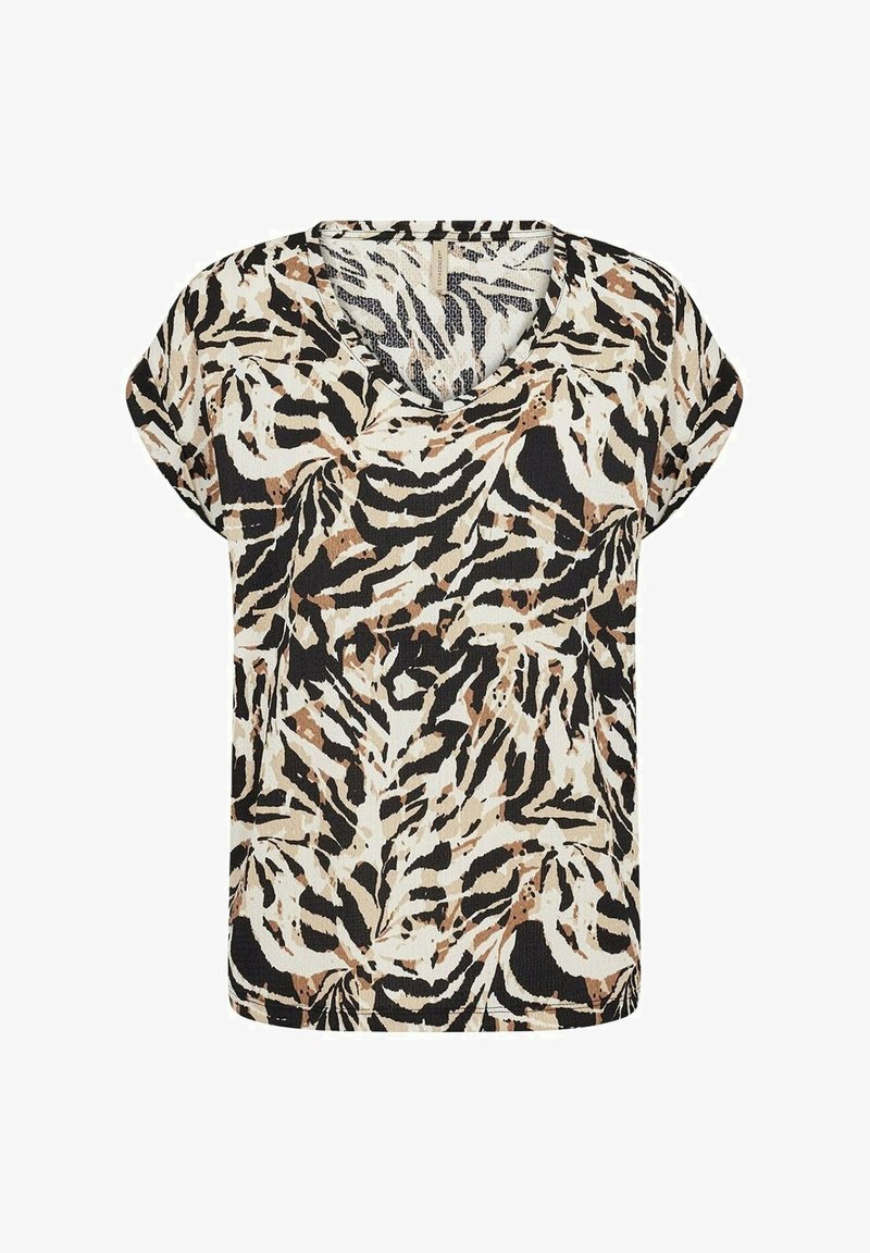 Kratký rukáv, blúzka s V-výstrihom zo mäkkej tkaniny s čierno-bielo-bežovým vzorom listov a textúrovaným povrchom.