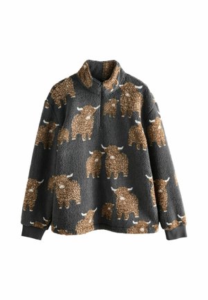 Dunkelgrauer Fleece-Pullover mit einem Viertelreißverschluss und weichem Material, versehen mit einem Muster von braunen, cartoonhaften Highland-Rindern mit weißen Hörnern.