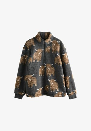 Dark gray fleece pullover with a quarter zipper and soft texture, featuring a pattern of brown, cartoon-style highland cattle with white horns.