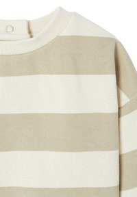 Beige and cream striped knitted sweater with a ribbed crew neckline and relaxed fit. Soft texture, minimalistic design, no visible hardware.