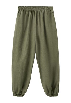Pantalon vert olive coupe relaxed avec taille et poignets élastiques, doté de poches latérales et d'un style ample et décontracté.