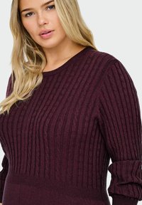 Burgundijas adīta džemperis ar ribotu tekstūru, apaļu kakla izgriezumu un pārlocītām piedurknēm. Izgatavots no mīksta materiāla ar vertikālām līnijām.