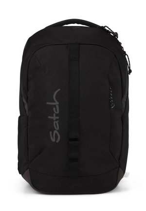 Black Satch brand backpack with vertical strap, handle on top, side pockets, and zipper pull cords on front compartments.
