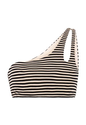 Schwarz-weiß gestreiftes Bikinioberteil mit einem Schulterriemen, doppelten Trägern auf der rechten Seite und einem kleinen Markenlogo nahe dem Saum.