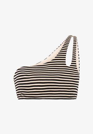 Zwart-wit horizontaal gestreept bikini top met één schouder, dubbele bandjes aan de rechterkant en een klein merkembleem dicht bij de zoom.