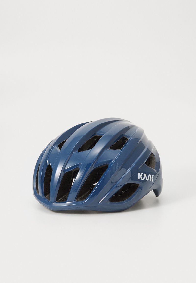 Blue cycling helmet with aerodynamic design, multiple ventilation slots, and a glossy finish. Features KASK logo on the side.
