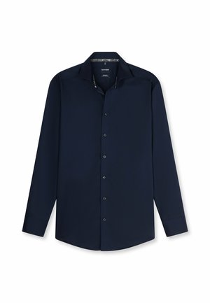 Men's long-sleeve navy blue button-up dress shirt with a spread collar and subtle patterned inner collar lining.