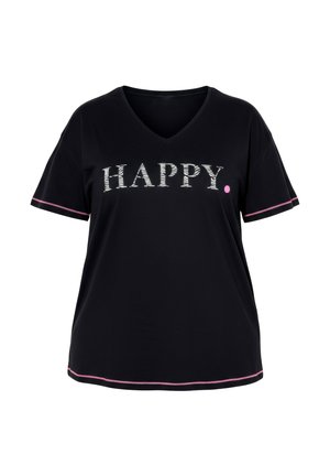 Camiseta negra de cuello en V con la palabra "HAPPY" impresa en letras blancas con rayas. Presenta detalles en rosa en las mangas y el dobladillo. Tejido suave, ajuste relajado.