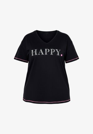 Černé tričko s výstřihem do V a nápisem „HAPPY“ v bílých proužkovaných písmech. Růžové lemování na rukávech a spodním lemu. Měkká látka, volný střih.