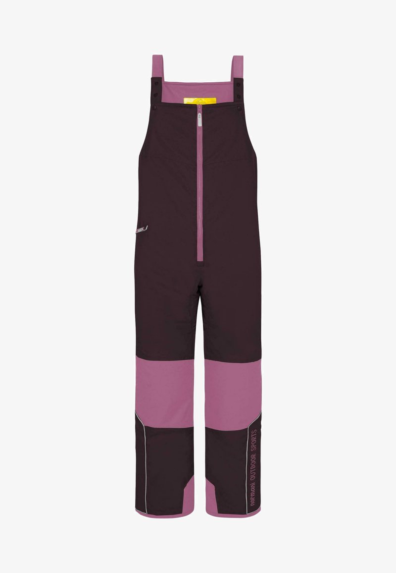 Lila- und rosa Schnee-Latzhose aus strapazierfähigem, wasserabweisendem Material. Verfügt über verstellbare Träger, einen Reißverschluss vorne und reflektierende Akzente.