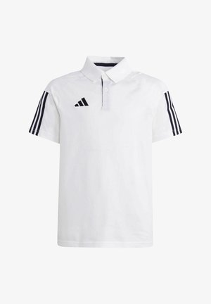 Polo-shirt blanc en tissu avec col, orné de trois rayures noires sur chaque manche et d'un logo adidas sur la poitrine gauche.