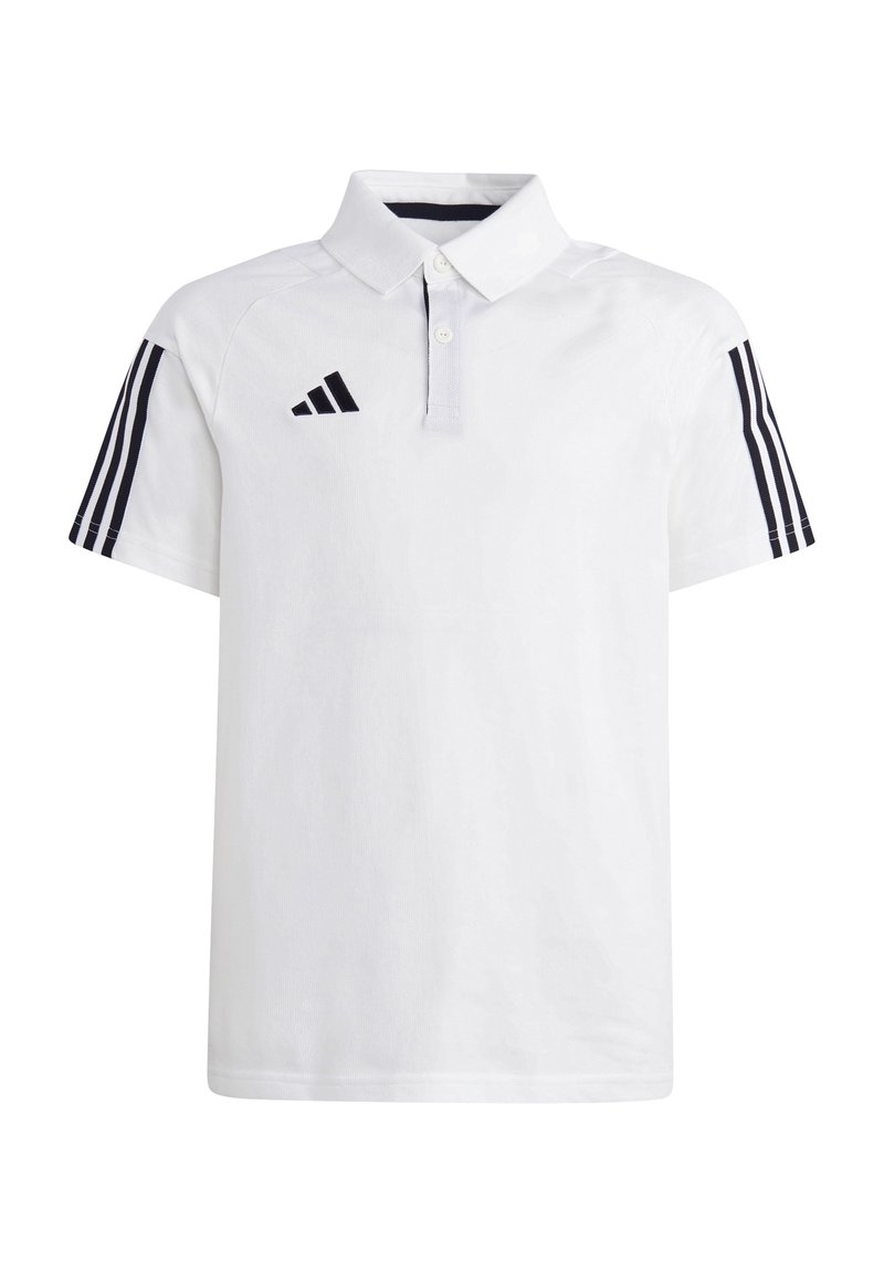 Biała koszulka polo z materiału z kołnierzykiem, z trzema czarnymi paskami na każdym rękawie i logo adidas po lewej stronie klatki piersiowej.