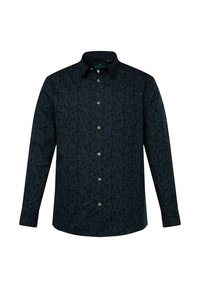 Košile s dlouhým rukávem, tmavě námořnická, s jemným vzorem listů, z bavlněného materiálu, klasickým límečkem a předním zapínáním na knoflíky.