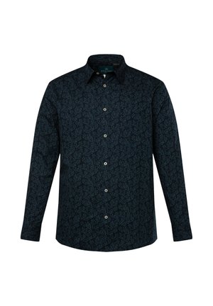 Langärmliges Hemd mit Knopfleiste in Dunkelblau, das ein dezentes Blättermuster aufweist, aus Baumwollmaterial gefertigt ist, einen klassischen Kragen hat und eine Knopfleiste auf der Vorderseite besitzt.