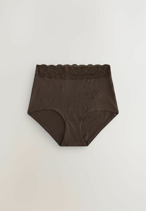 Brune bomulds højtaljede trusser med blonder langs taljen. Har en glat overflade og en tætsiddende pasform.