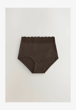 Bragas de algodón marrón de cintura alta con un acabado de encaje en la cinturilla. Presentan una textura suave y un diseño ajustado.
