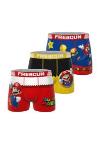Trois paires de boxers sur le thème de Super Mario en rouge, noir et bleu, avec des motifs de personnages Mario, d'étoiles et de pièces.