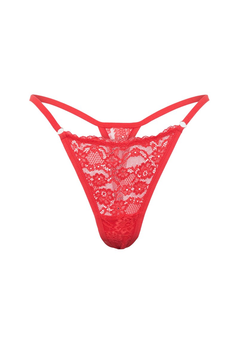 String en dentelle rouge avec motifs floraux, panneaux transparents et bretelles réglables. Des bandes élastiques assurent un ajustement parfait.