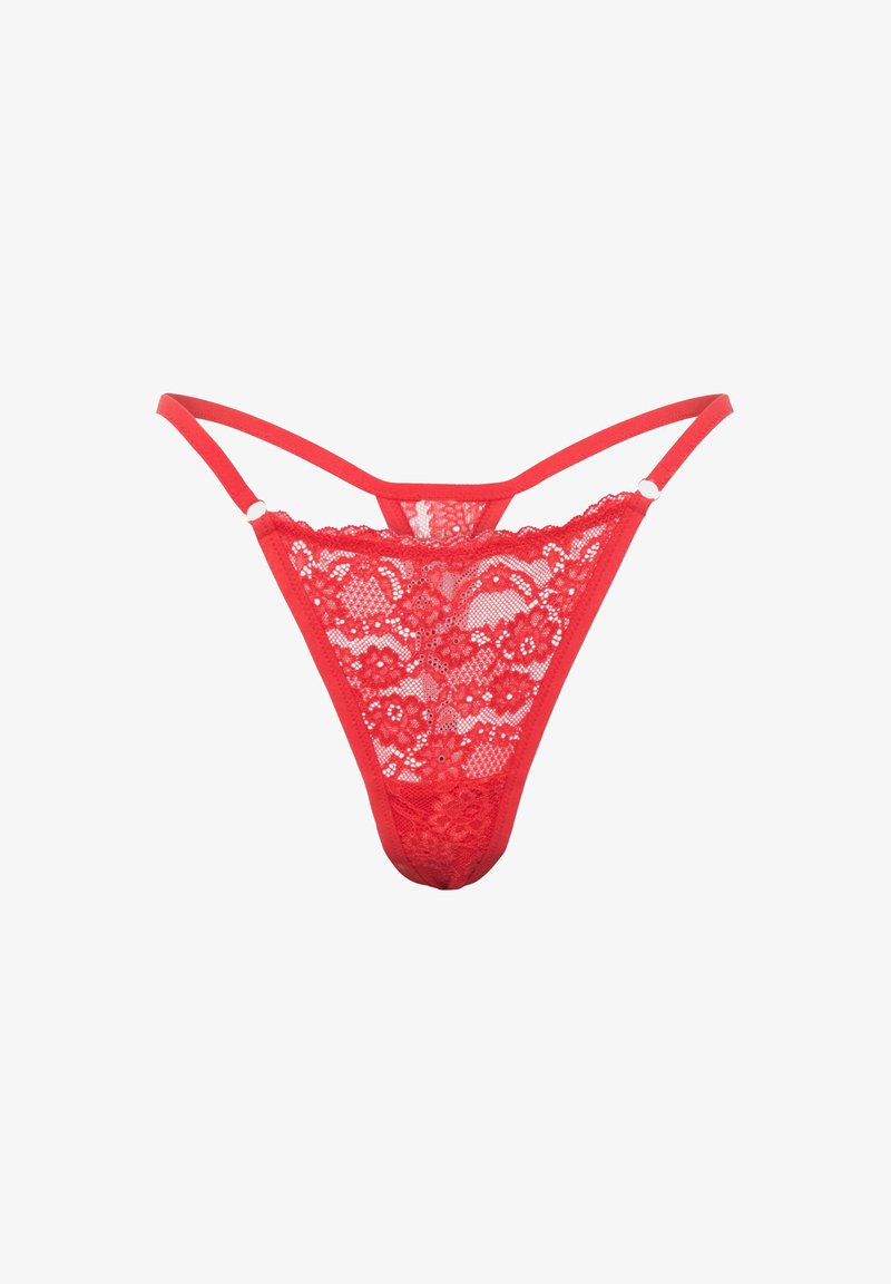 String en dentelle rouge avec motifs floraux, panneaux transparents et bretelles réglables. Des bandes élastiques assurent un ajustement parfait.
