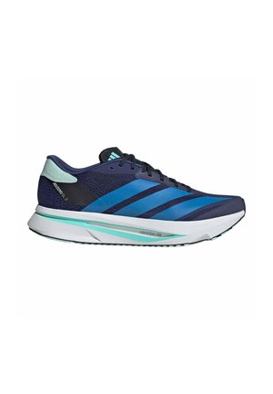 Zapatilla deportiva de running azul marino con rayas azul claro, detalles en negro, detalle en el talón color menta y suela gruesa blanca con ribete turquesa.